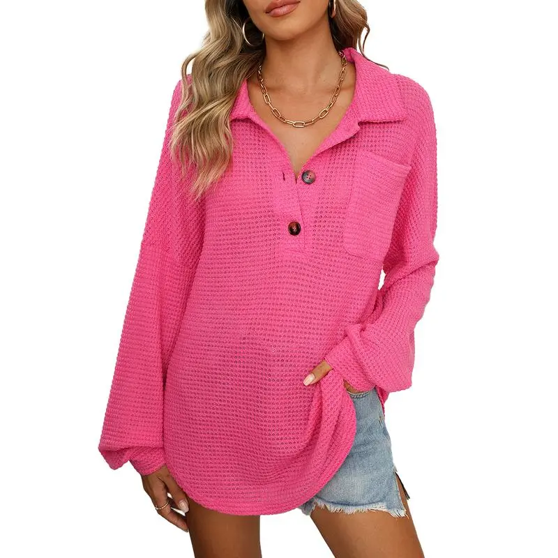 Women's Oversized Henley Waffle Shirts Tops
