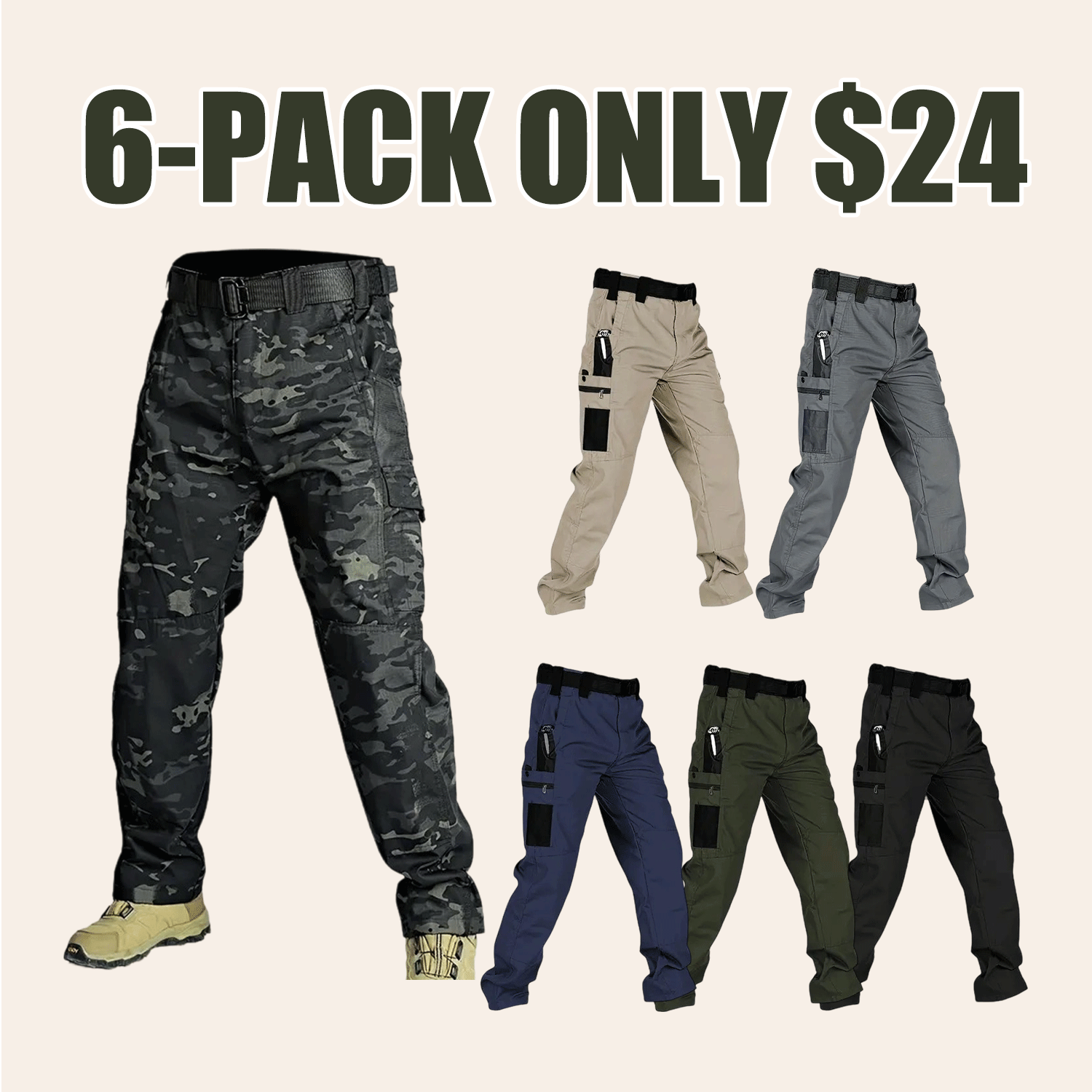 🔥Men's Solid Color Tactical Work Pants with Multiple Pockets and Zipper Closures