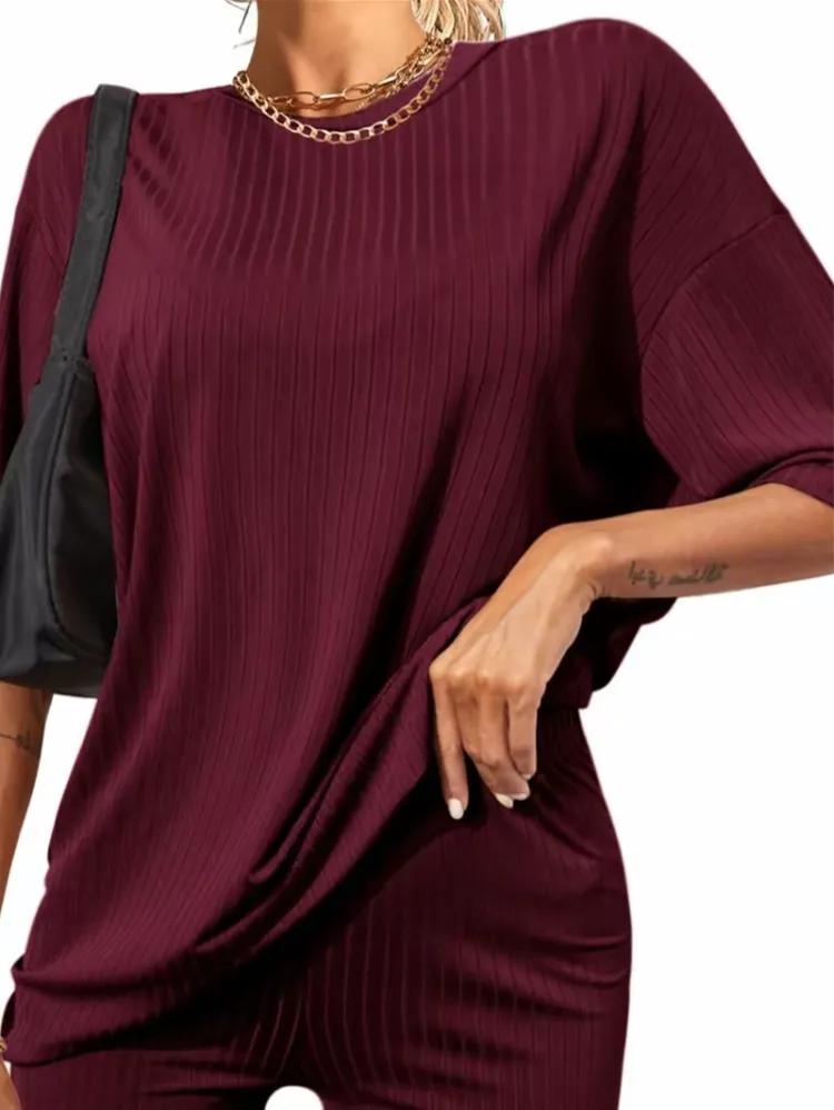 Summer Ribbed Lounge Set - Stretch T-shirt and Cycling Shorts | Breathable Loungewear