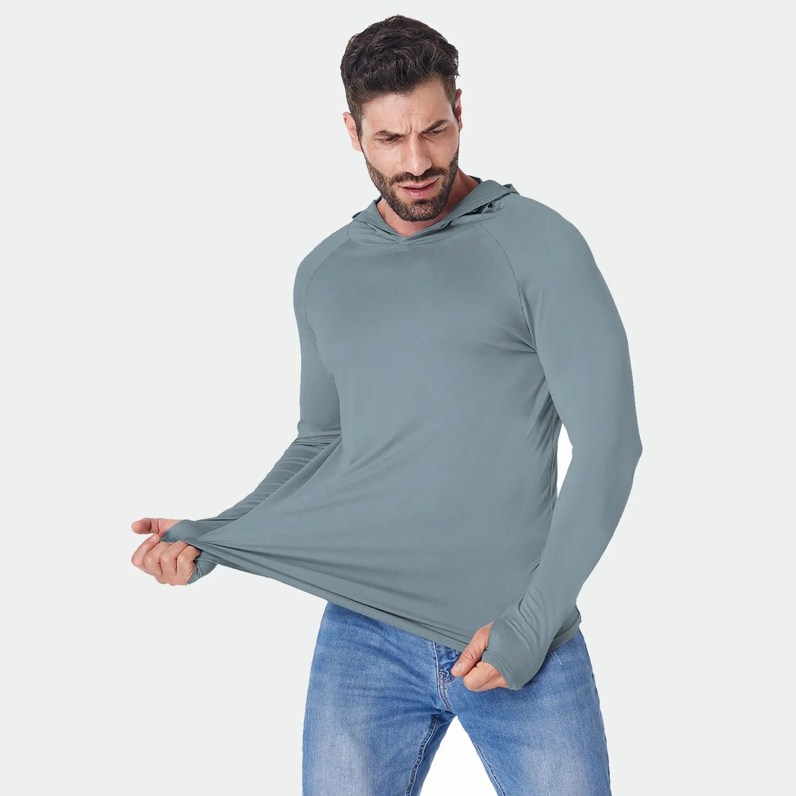 🔥🔥Men’s UPF Sun Protection Hoodie – Lightweight Dry-Fit Long Sleeve Athletic Shirthirt with Face Mask