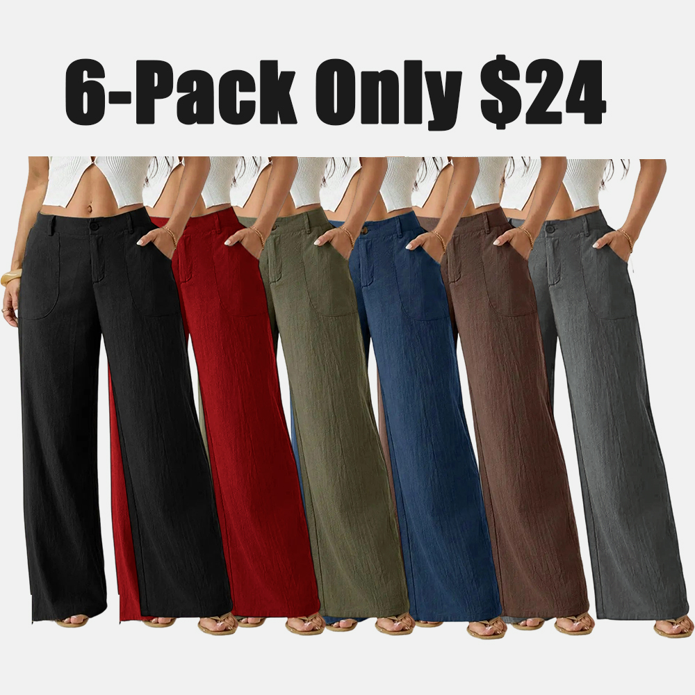Women's Classical Linen Palazzo Pants Summer Flowy Wide Straight Leg Beach Trousers With Pocket