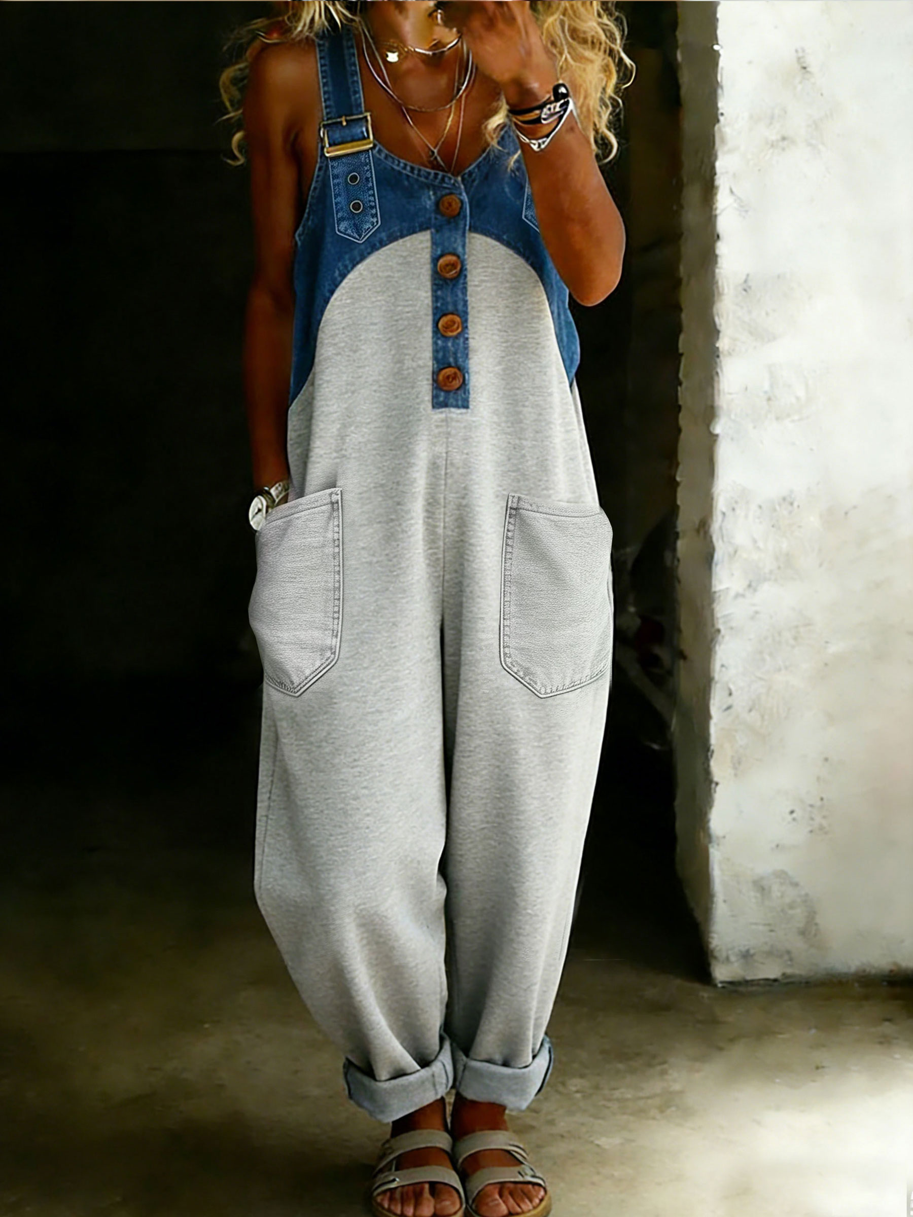 Women’s Casual One Piece Denim Denim Patchwork Jumpsuit