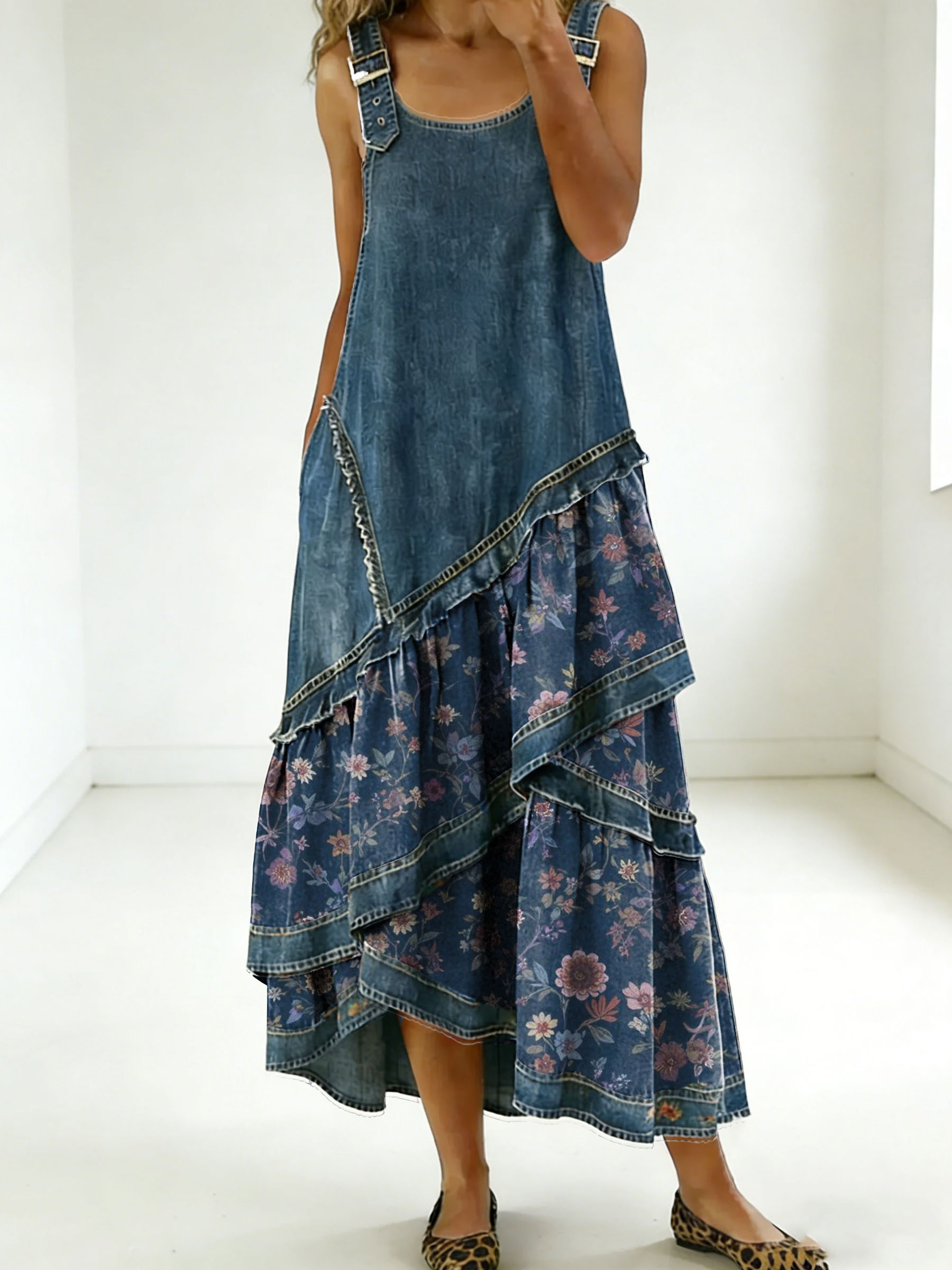 Women's Fashion Floral Denim Design Sleeveless Multi-layered Ruffled Strap Dress