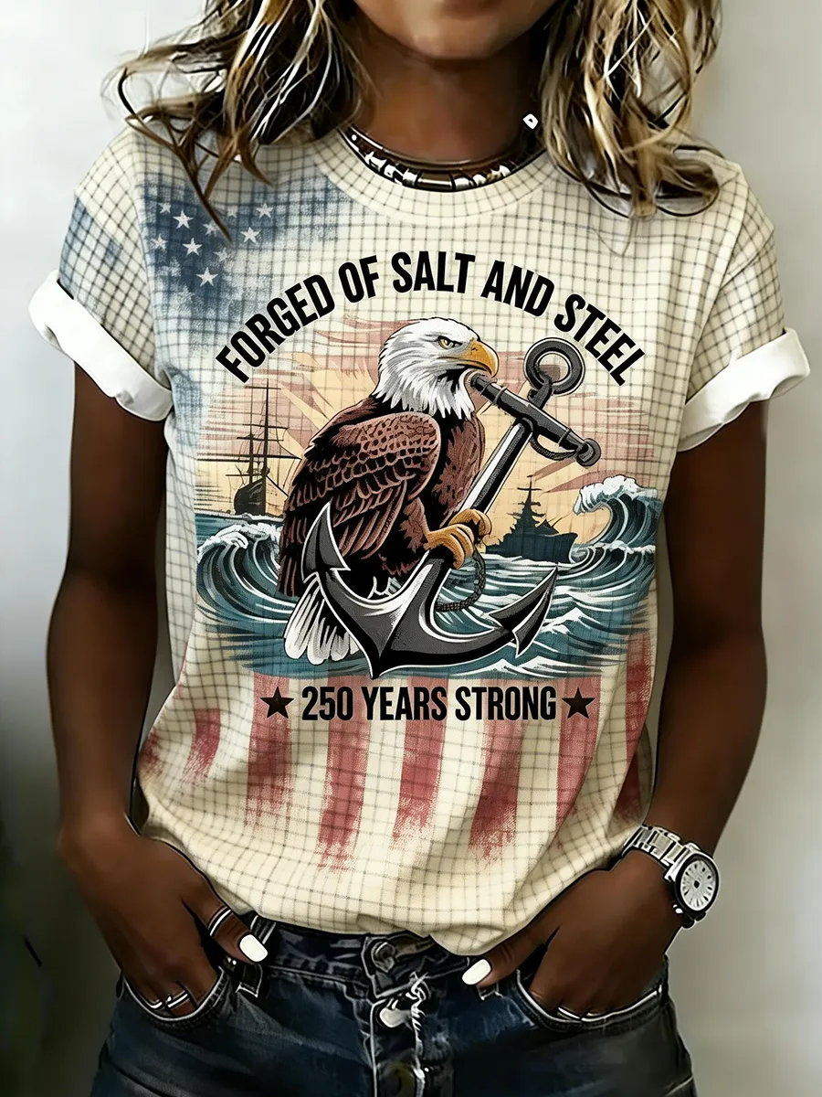 Women's Vintage American Flag Eagle Anchor 250th Anniversary Casual Tee