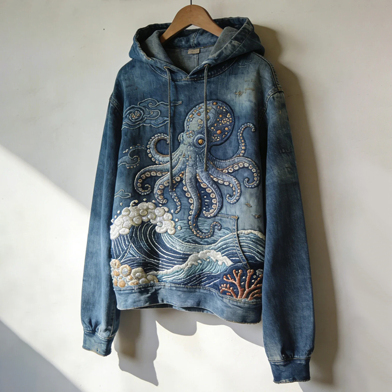 Men's Japanese-style Octopus With Wave Denim Print Casual Linen Shirt