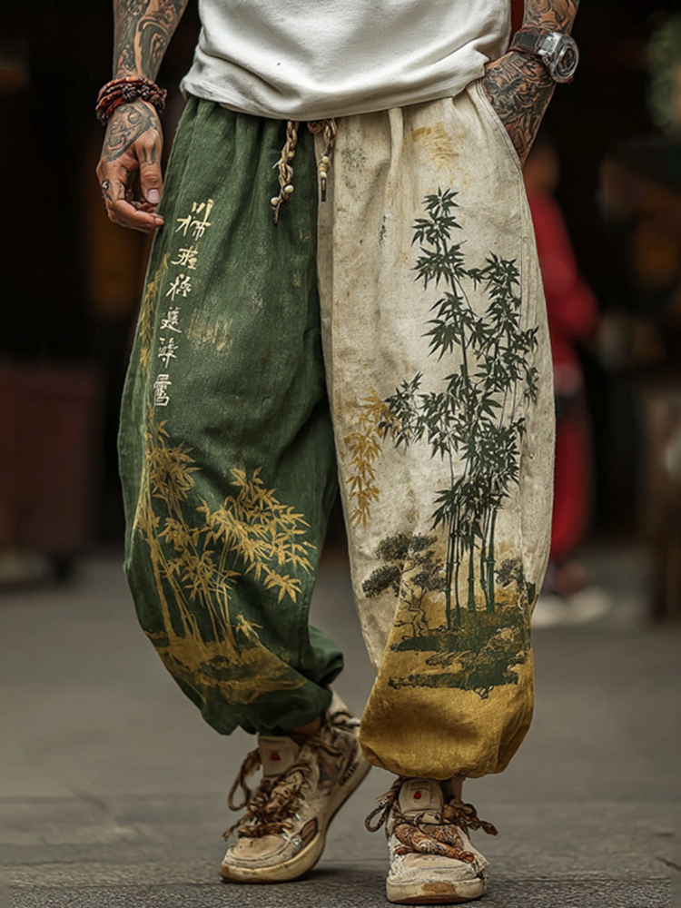 Men's Retro Japanese Bamboo Art Print Casual Pants