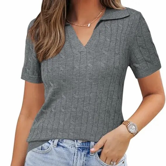 🔥Easter Sale Ends Soon!Womens Wool Blend Polo Shirts Summer Sweater Tops Short Sleeve