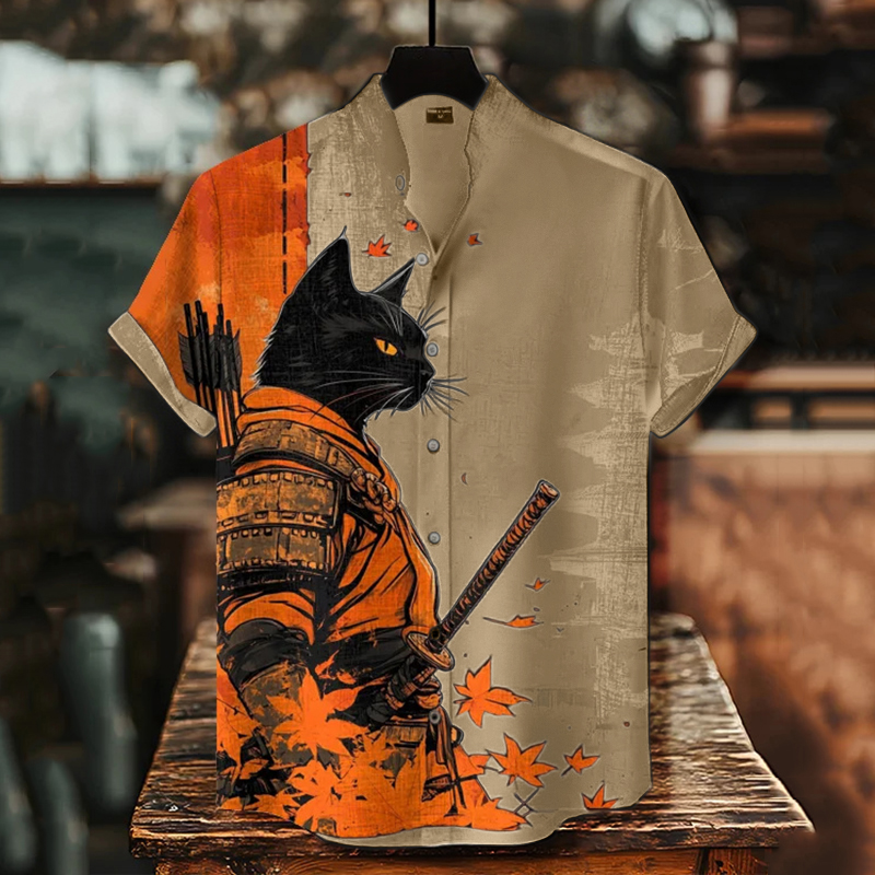Men's Black Cat Warrior And Maple Leaf Temple Print Casual Shirt