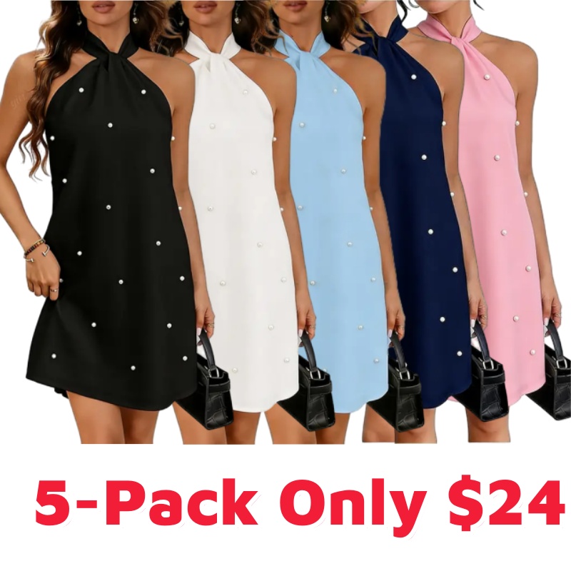 Women's Pearl Beaded Halter Twist Sleeveless Tie Back Dress A Line Dress