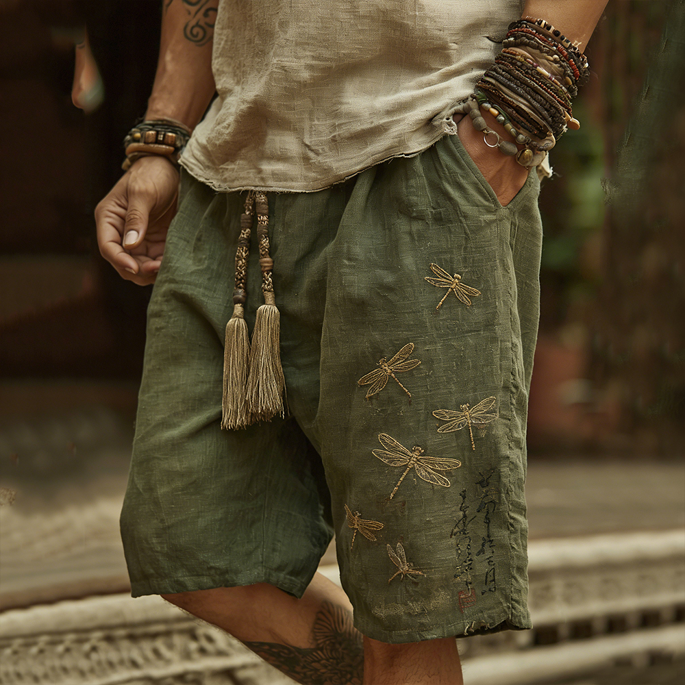 Japanese Art Embroidery Dragonfly Green Shorts