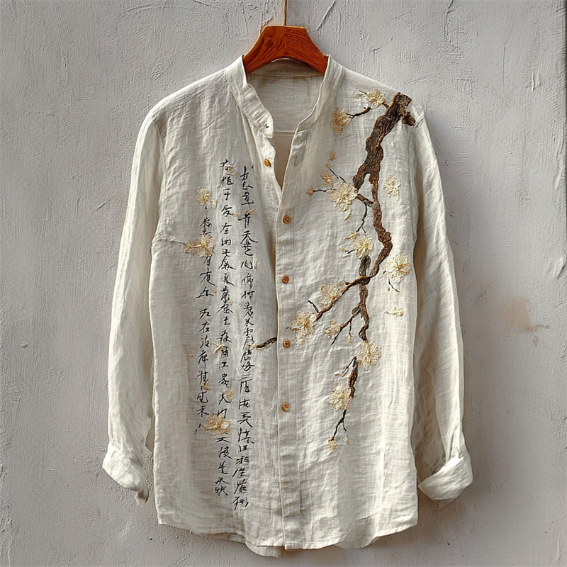 Japanese Plum Blossom Calligraphy Linen Shirt