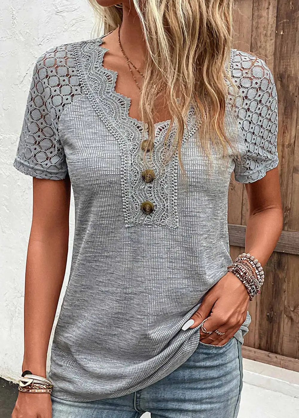 Grey Lace Short Sleeve V Neck T Shirt