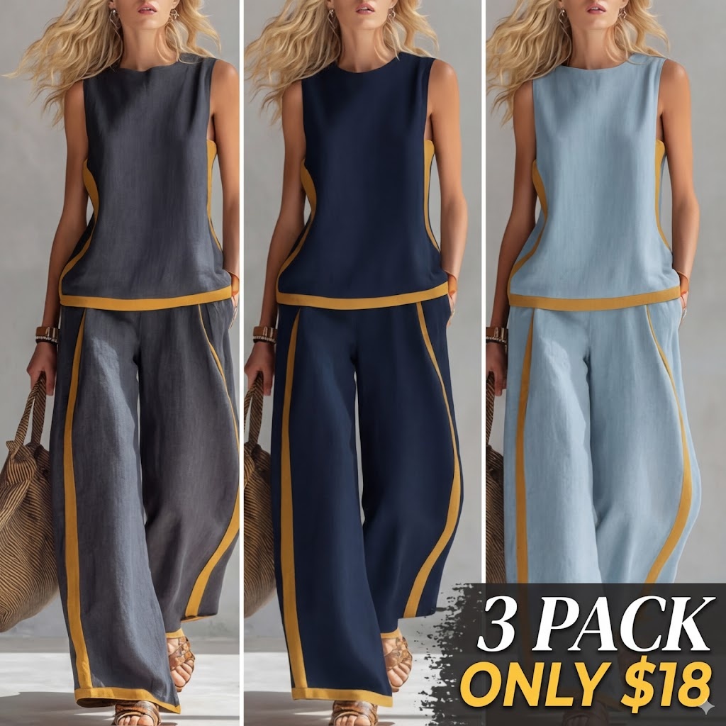 2026 Linen Blend Two Piece Set for Women Sleeveless Color Block Top Wide Leg Pants Set Casual Summer Outfit