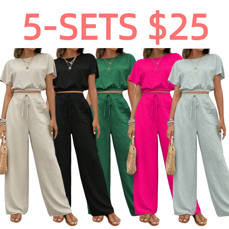 Women's Solid Color Fitted Top & Wide Leg Pants Two-piece Set