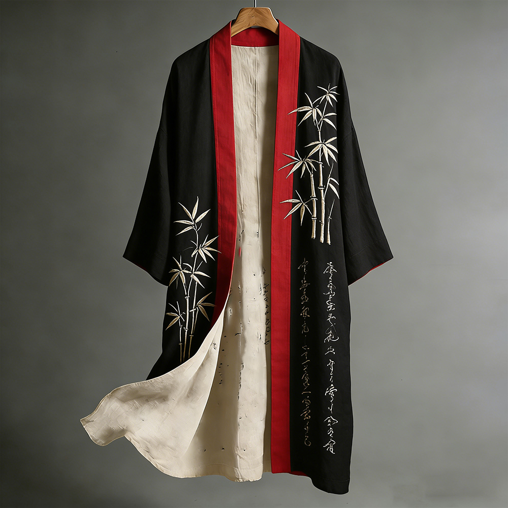 Vintage Japanese Art Ink Bamboo Print Flowing Kimono