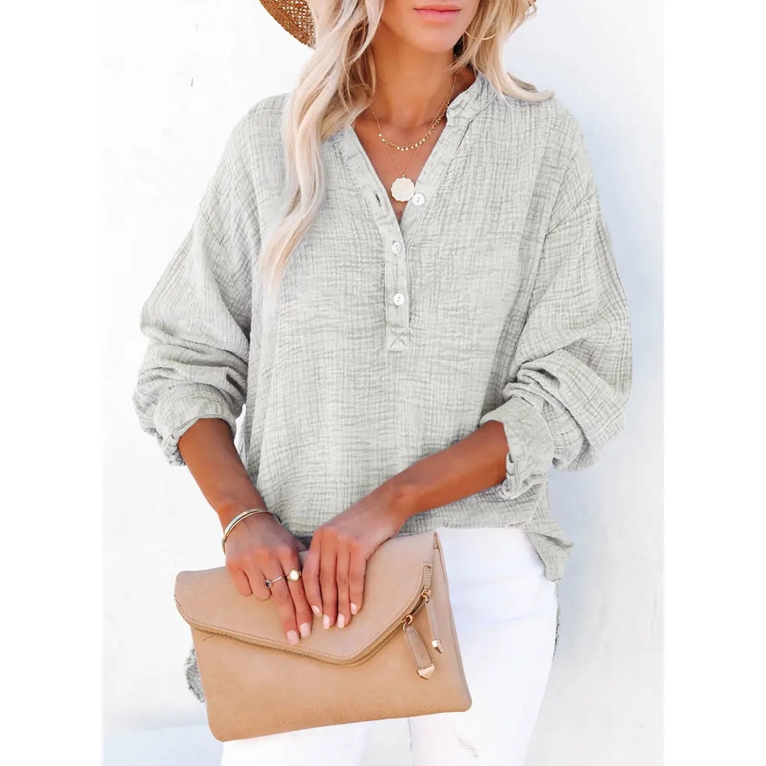 Women's Casual Button V Neck Long Sleeve Shirts Oversized Solid Blouses Tops 100% Cotton