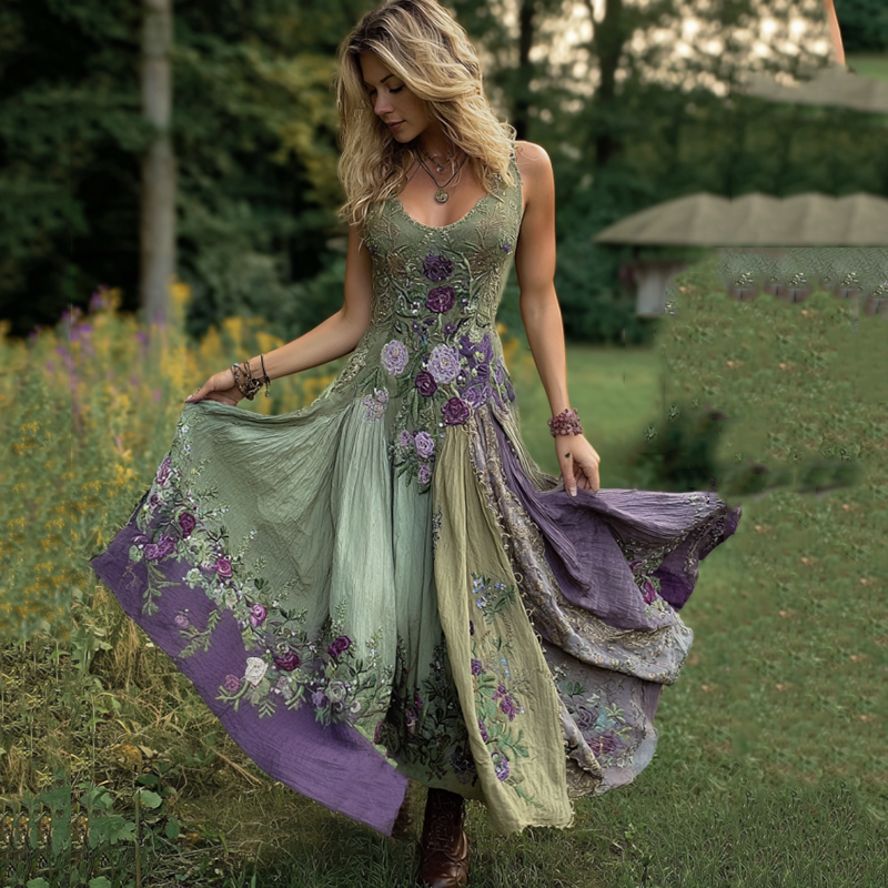 Classy Gradient Purple Lavender And Floral Embroidered Linen Maxi Dress