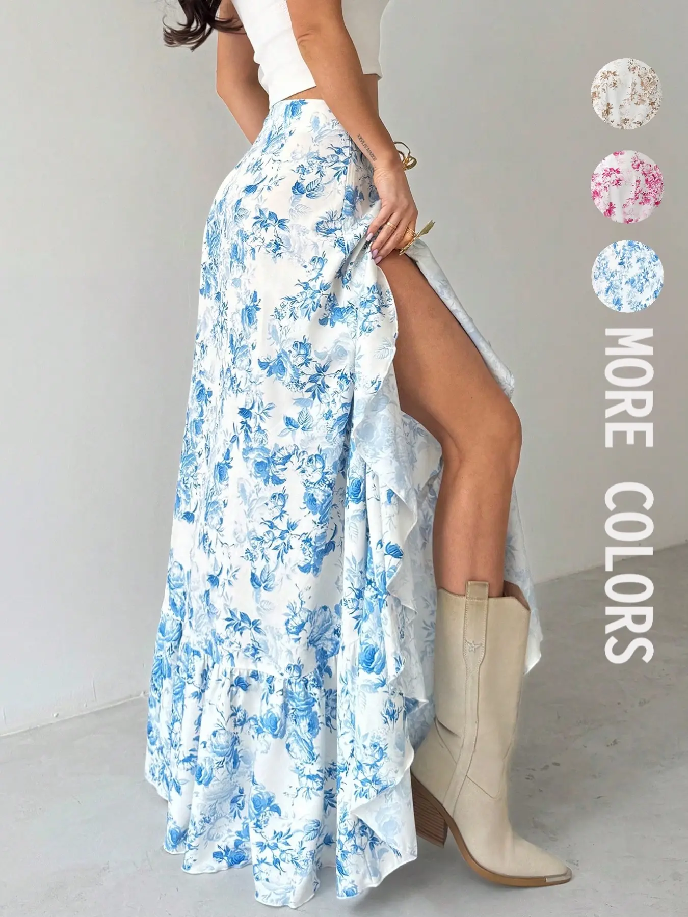 Bohemian Elegant Floral Print Irregular Ruffle A-Line Midi Skirt