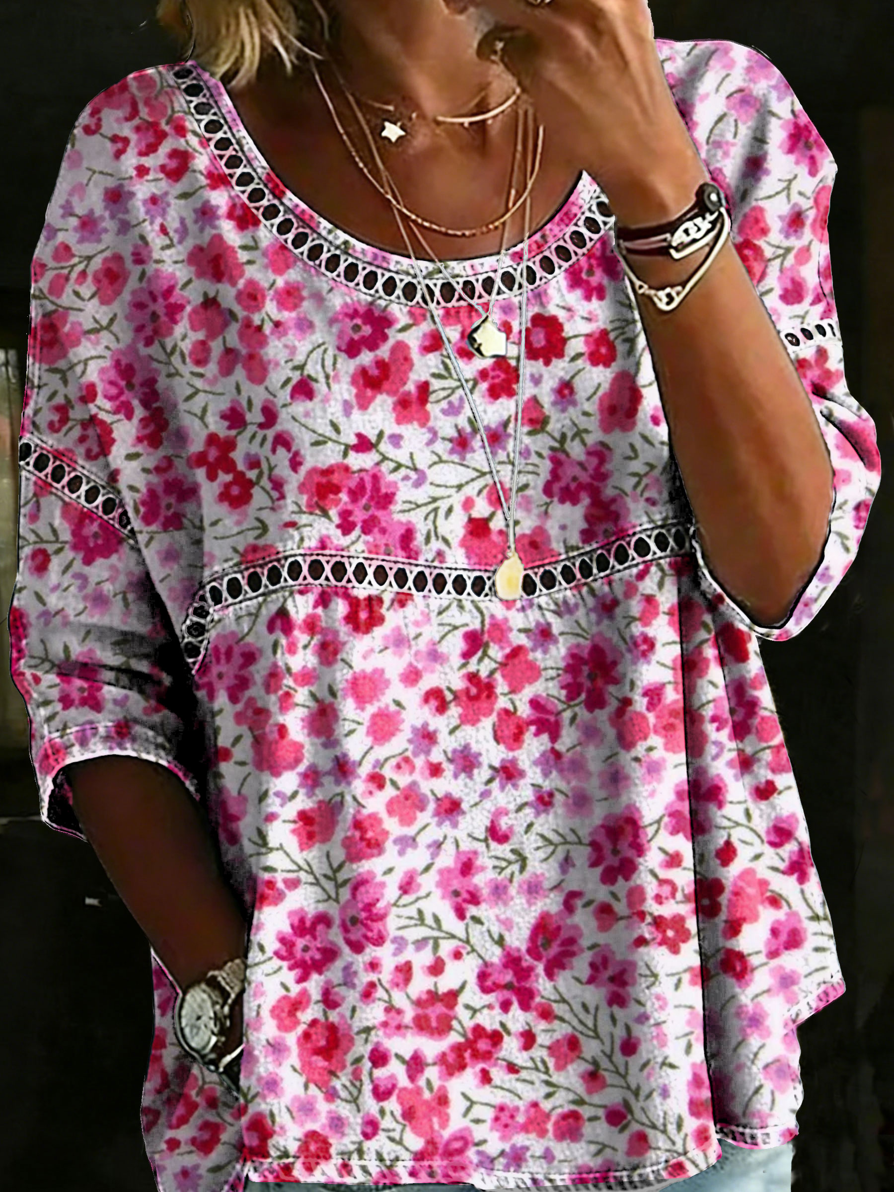 Women's Vintage Flower Casual Loose Denim Blouse Shirt