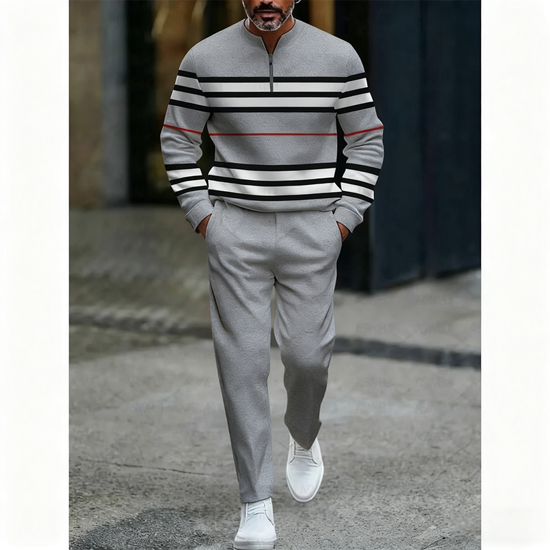 Men’s 2-Piece Khaki Casual Sports Set – Soft Knit Fabric, Contrast Stripe Design