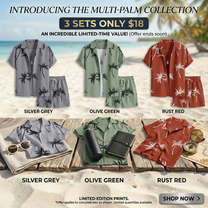 Tropical Palm Tree Print Loungewear Set, Shorts Pyjama Set - Short-Sleeve Button-Up Shirt (Rolled Cuffs) + Drawstring Shorts