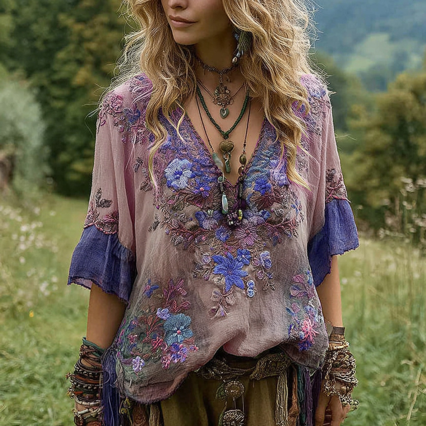 Women's Vintage Floral Embroidery Art V Neck Linen T-shirt