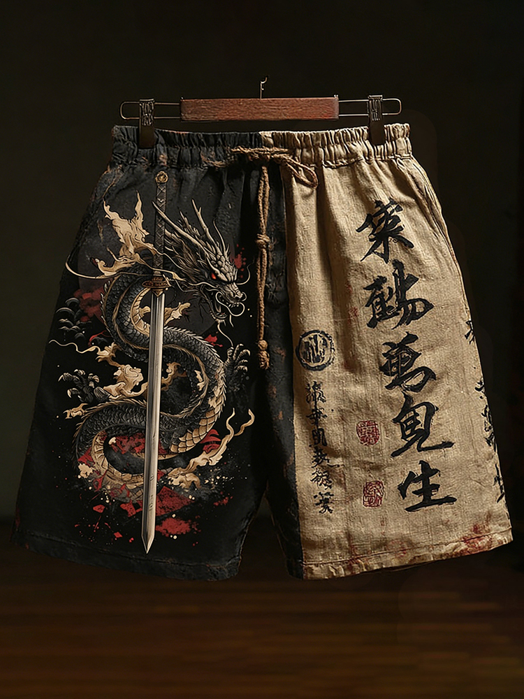 Japanese Calligraphy And Dragon Art Pattern Linen Blend Shorts