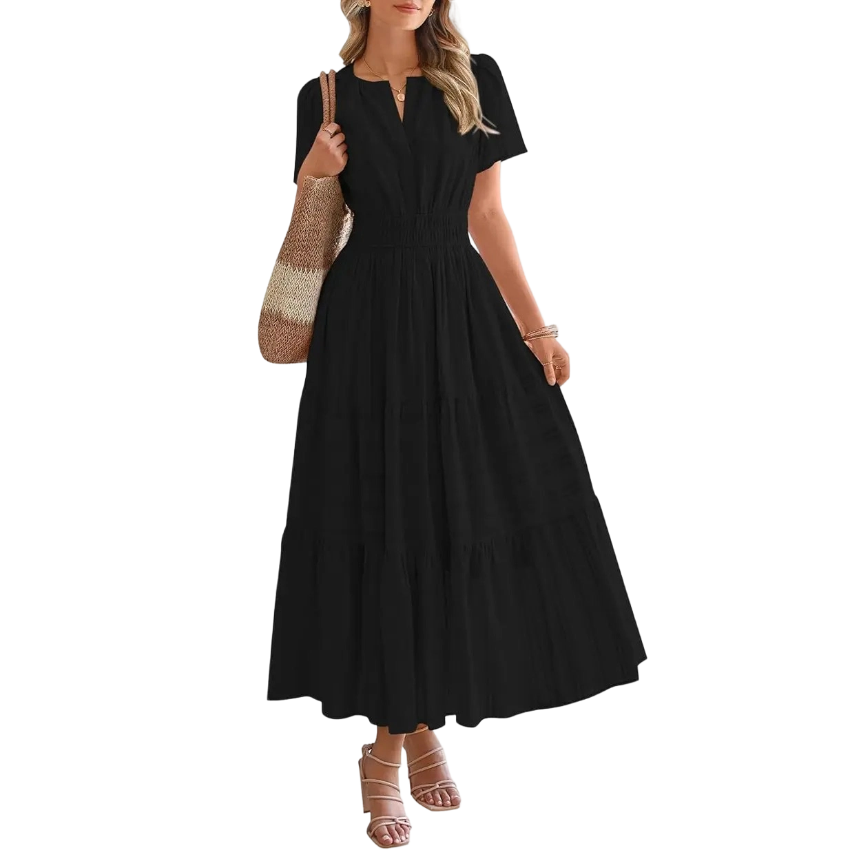 Women's Summer 2026 Casual Maxi Dress Lightweight Short Sleeve V Neck Boho Dress with Pockets