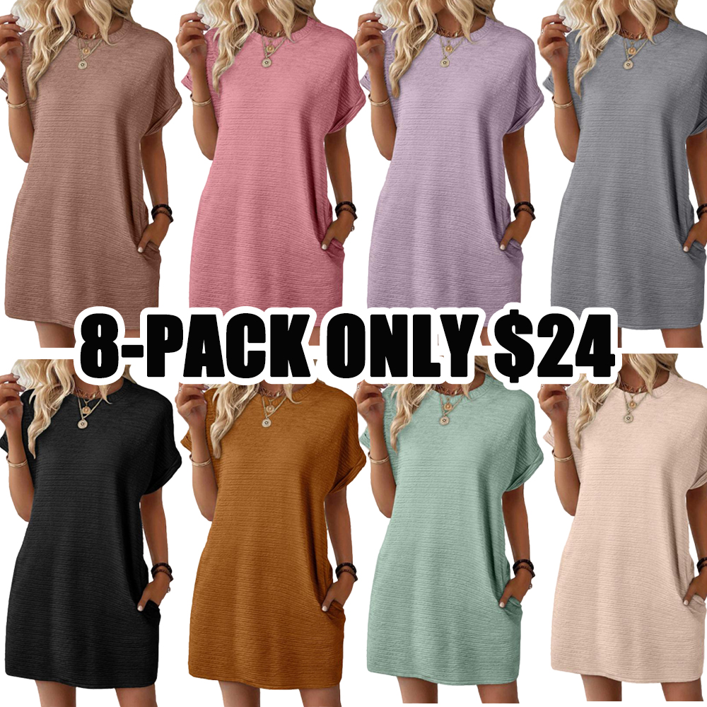 Women’s Casual Mini Dress – Lightweight Stretchy Short Sleeve Crewneck Dress for Summer & Beach Outfits