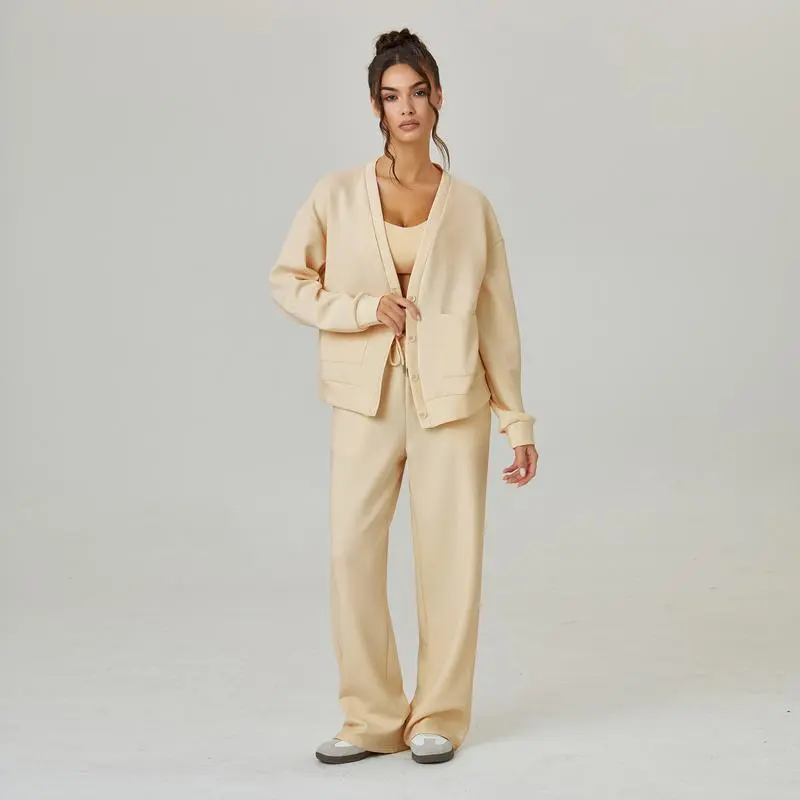 Women's Slouchy Solid Color V Neck Long Sleeve Button Cardigan & Drawstring Waist Trousers Co-ord