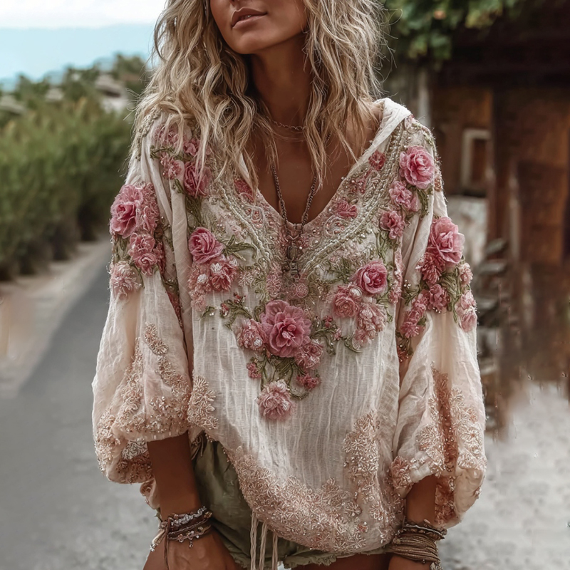 Women's Vintage Floral Embroidery Warm V-neck Hoodie