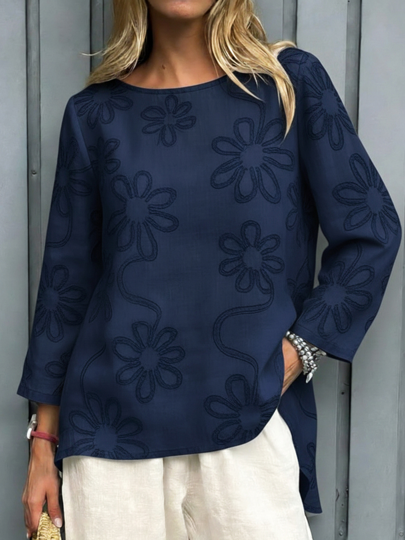 Casual Floral Embroidered 100% Cotton Shirt Top