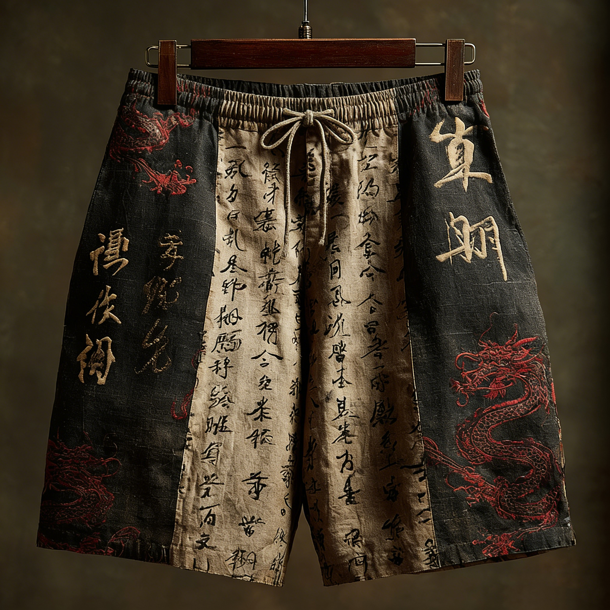 Men's Japanese Calligraphy And Dragon Art Linen Shorts