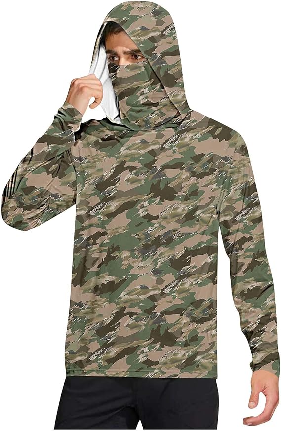 Long Sleeve Sun Shirt Men UPF 50+ Rash Guard Cooling Fishing Hoodies with Mask Casual Summer UV SPF Hiking Blouses