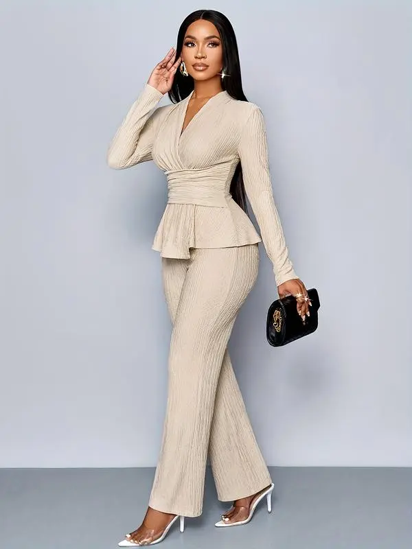 Women's Elegant V Neck Long Sleeve T-Shirt And Wide Leg Pants Two Piece Set