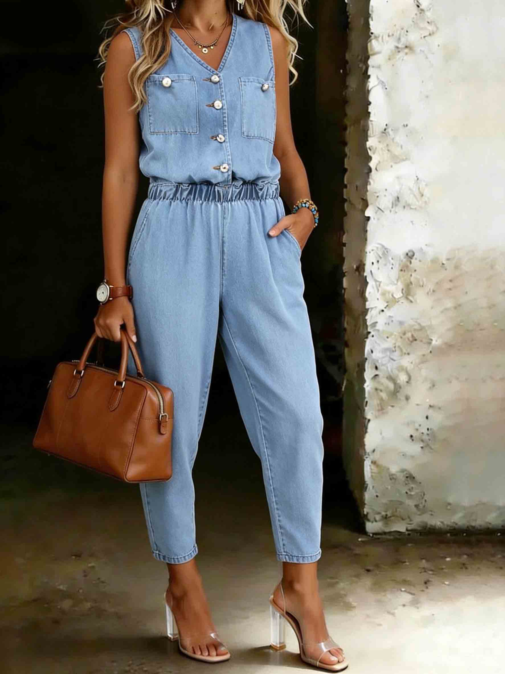 Women‘s Pocket Sleeveless Denim Jumpsuit