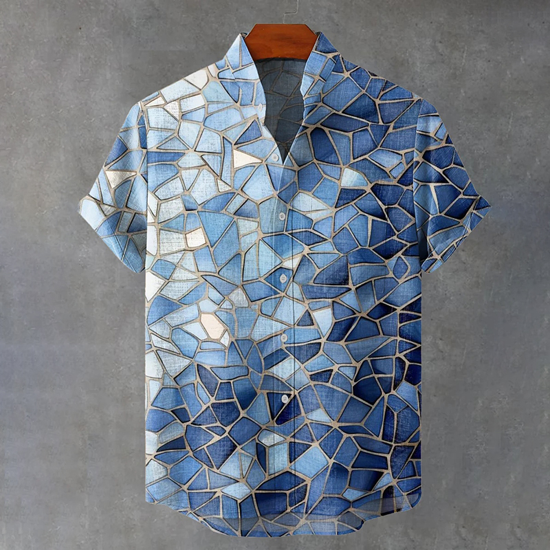Blue Gradient Glass Texture Art Vintage Print Casual Cotton Shirt