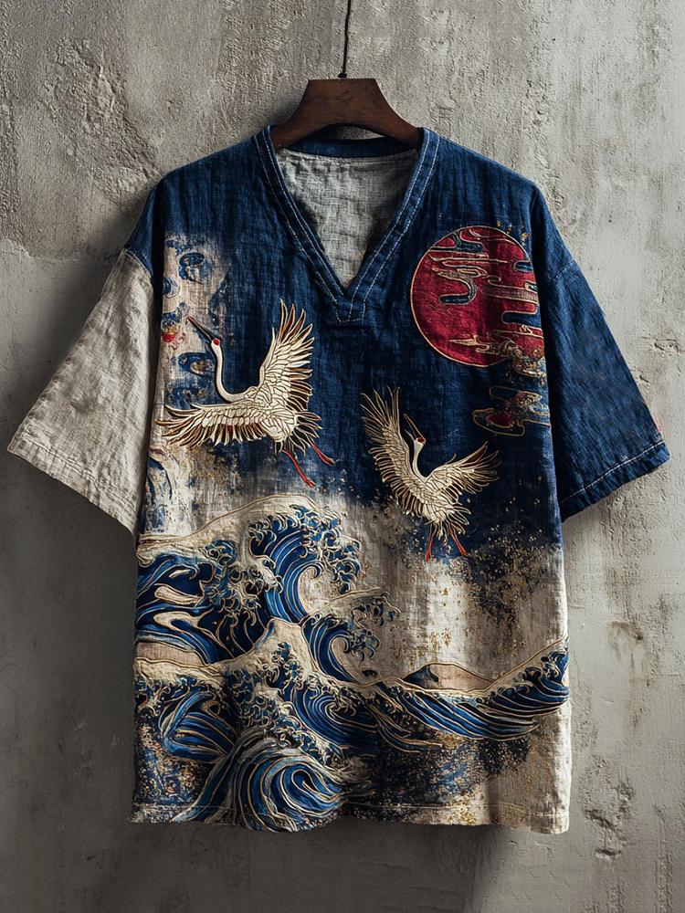 Japanese Pine And Waves Embroidered V-neck Linen Shirt