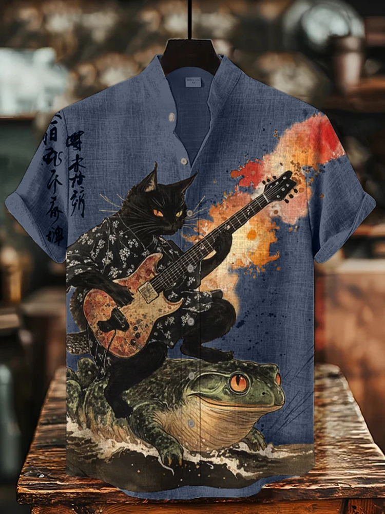 Men's Black Cat Riding On Toad Playing Guitar Print Short Sleeve Shirt