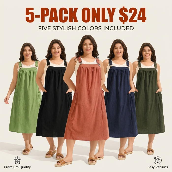 5-Pack Women’s Cotton Midi Dresses – Square Neck Sleeveless with Pockets, Breathable Summer Casual