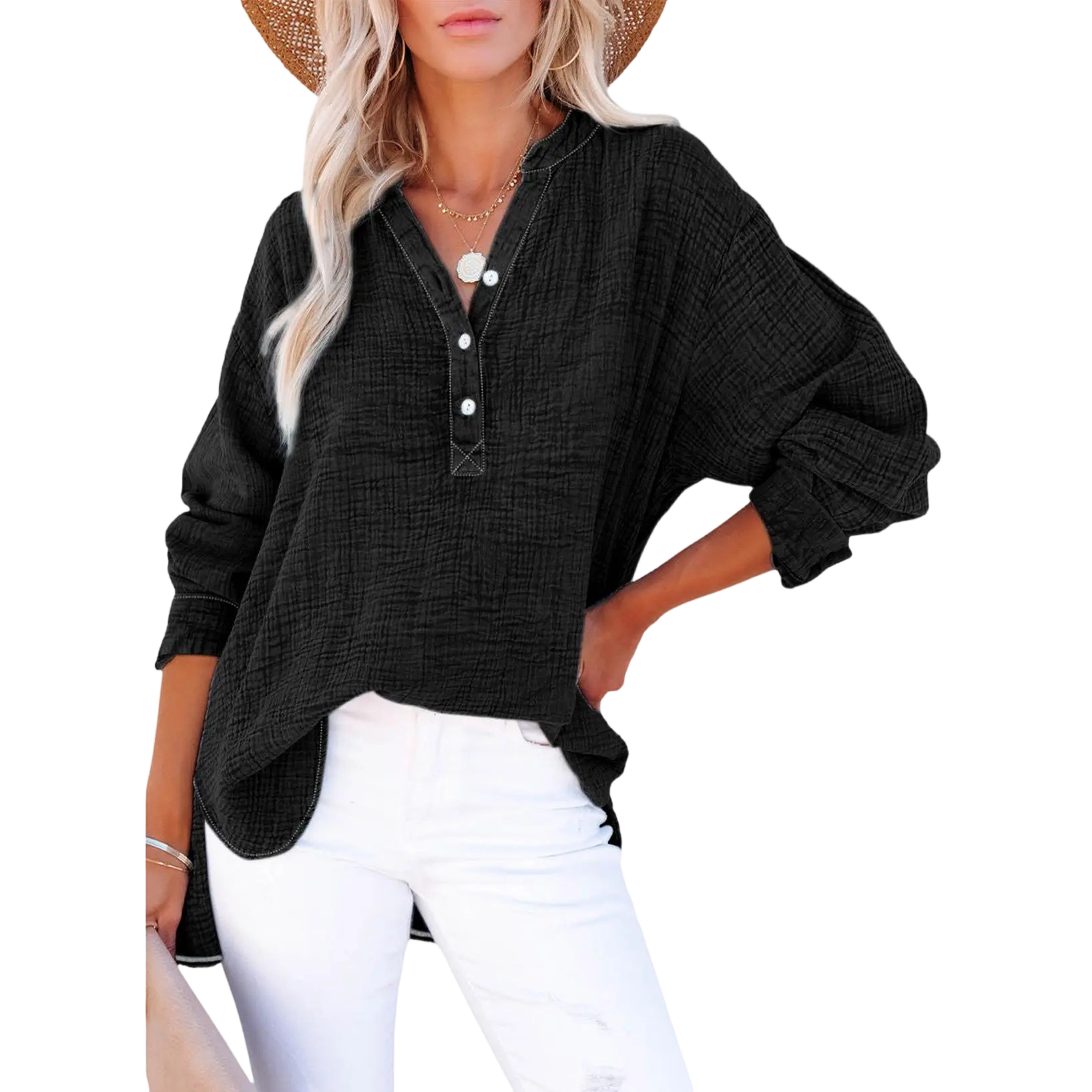 Women's Casual Button V Neck Long Sleeve Shirts Oversized Solid Blouses Tops 100% Cotton Boyfriend Style Loose Fit