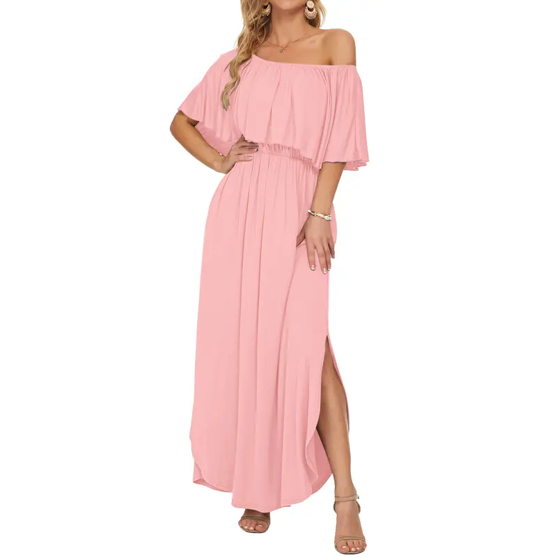 Women's Off The Shoulder Dress Wedding Guest Dress Summer Casual Long Ruffle Party Side Split Beach Maxi Dresses with Pockets