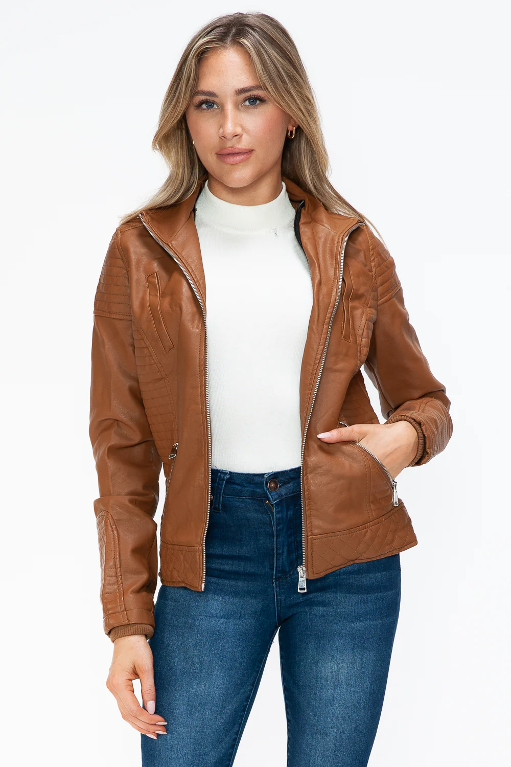 Faux Layered Double-Zipper Jacket with Fuzzy Hood