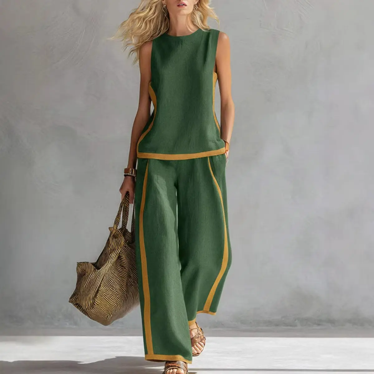 2026 Linen Blend Two Piece Set for Women Sleeveless Color Block Top Wide Leg Pants Set Casual Summer Outfit