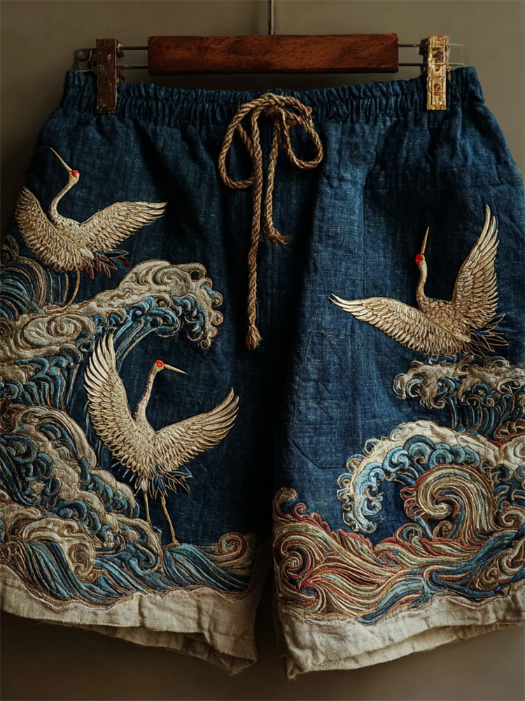 Japanese Cranes & Sea Waves Embroidered Linen Shorts