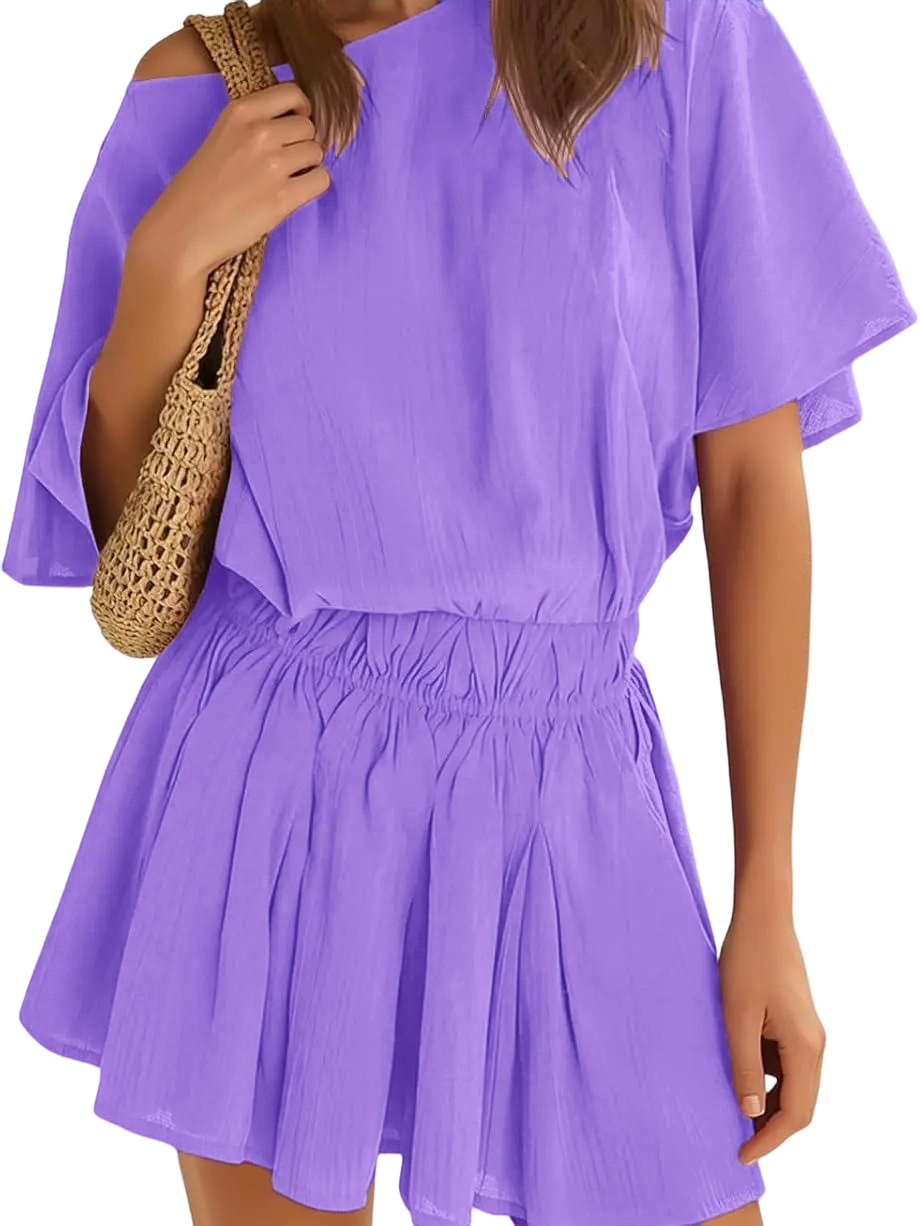 Women’s Casual 2 Piece Outfit Short Sleeve Loose Top and Flowy Mini Skirt Set for Summer Vacation Suits