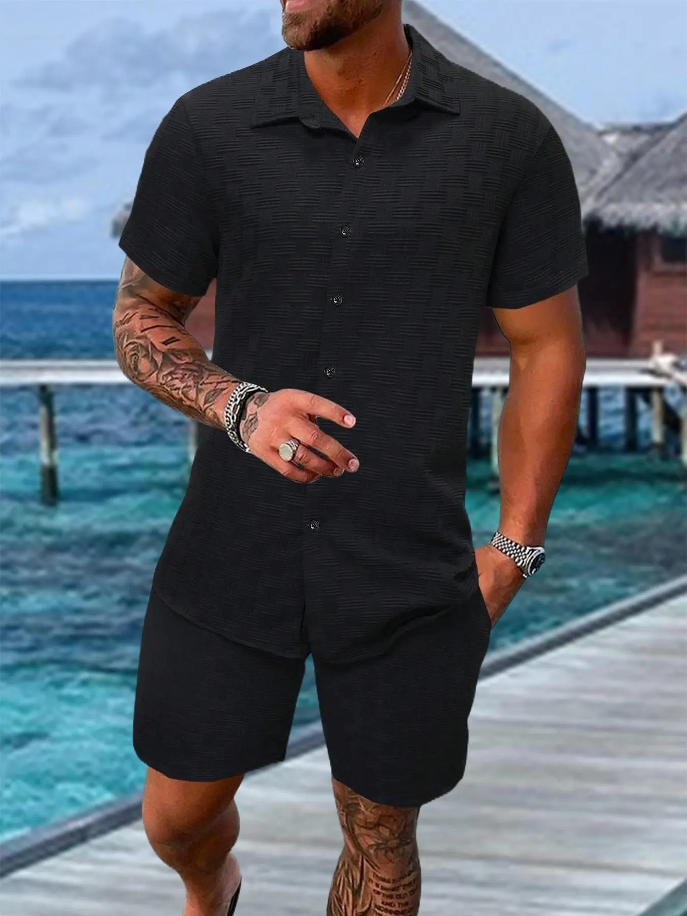 Men's Regular Fit Short Sleeve Pajama Two-piece Set Summer Sleepwear