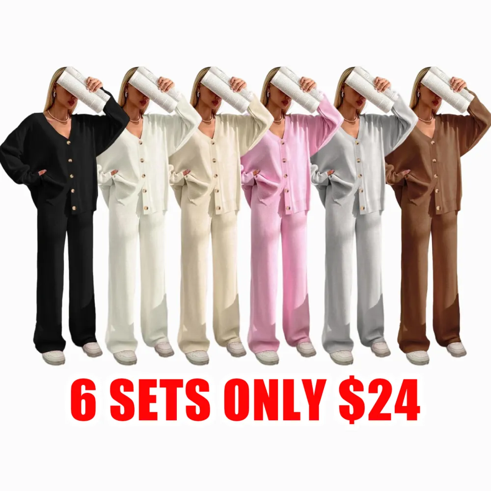 Women’s Button Front Knit Cardigan & Wide Leg Pants Two-Piece Set