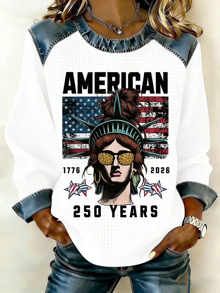 1776-2026 Patriotic American 250 Years Statue Of Liberty Waffle Knit Top