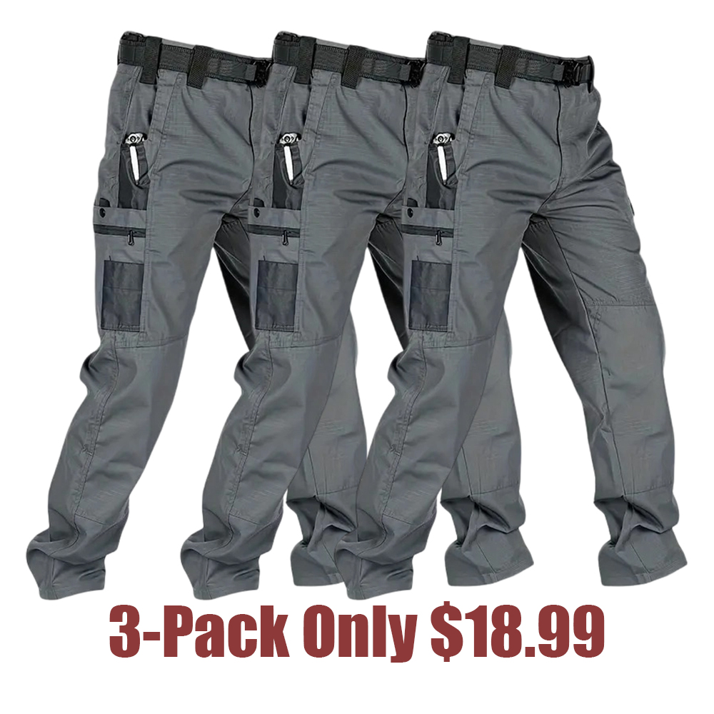Men's Solid Color Tactical Work Pants with Multiple Pockets and Zipper Closures, Durable Outdoor Training Pants